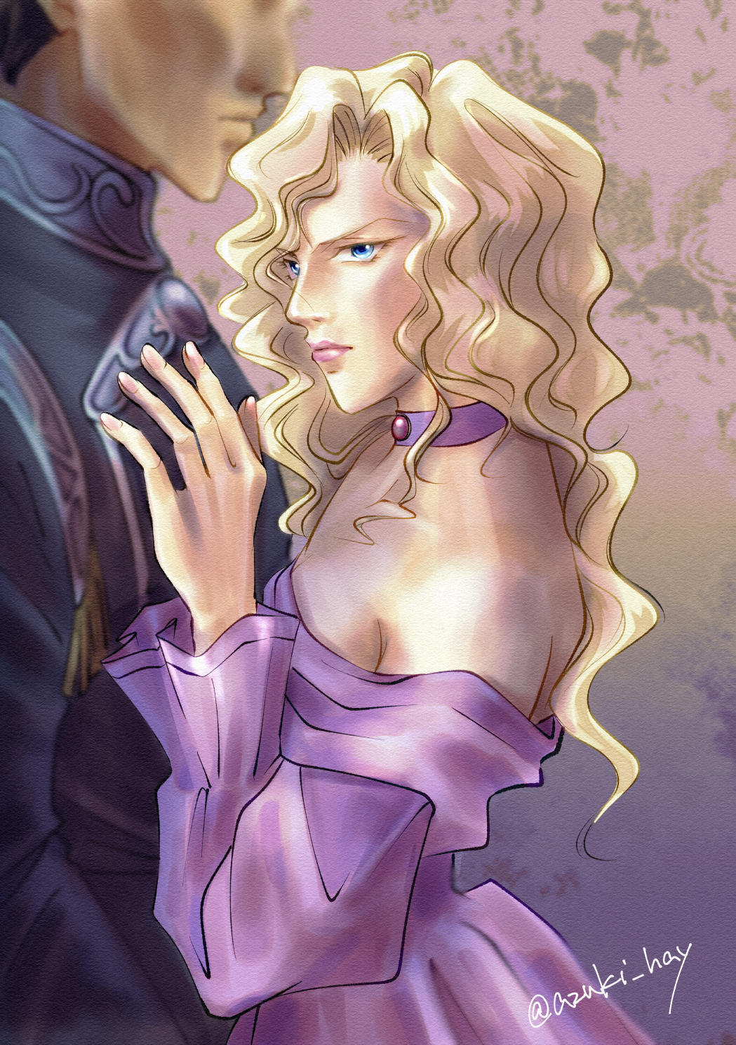 1boy, 1girl, azuki_hay, bare_shoulders, blue_eyes, choker, dress, elfriede_von_kohlrausch