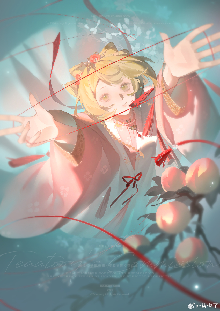 1girl, absurdres, arms_up, blonde_hair, blue_background, braid, branch, cat's_cradle