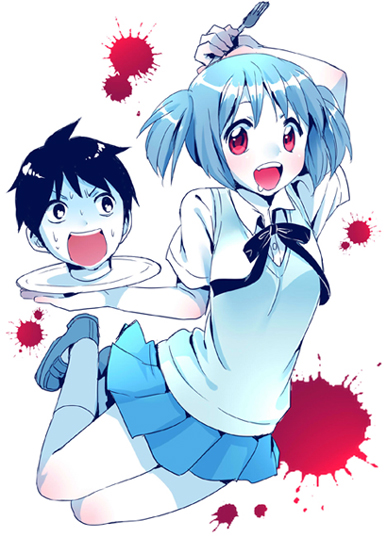 00s, 1boy, 1girl, aoyama_keita, blood, blue_hair, bokusatsu_tenshi_dokuro-chan, haida_monako