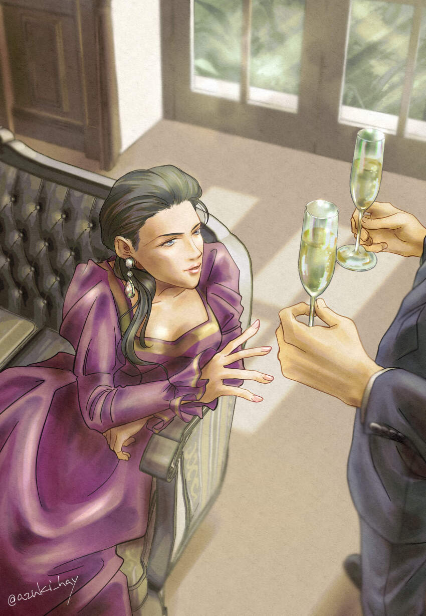 1girl, absurdres, alcohol, azuki_hay, black_hair, black_suit, breasts, champagne_flute