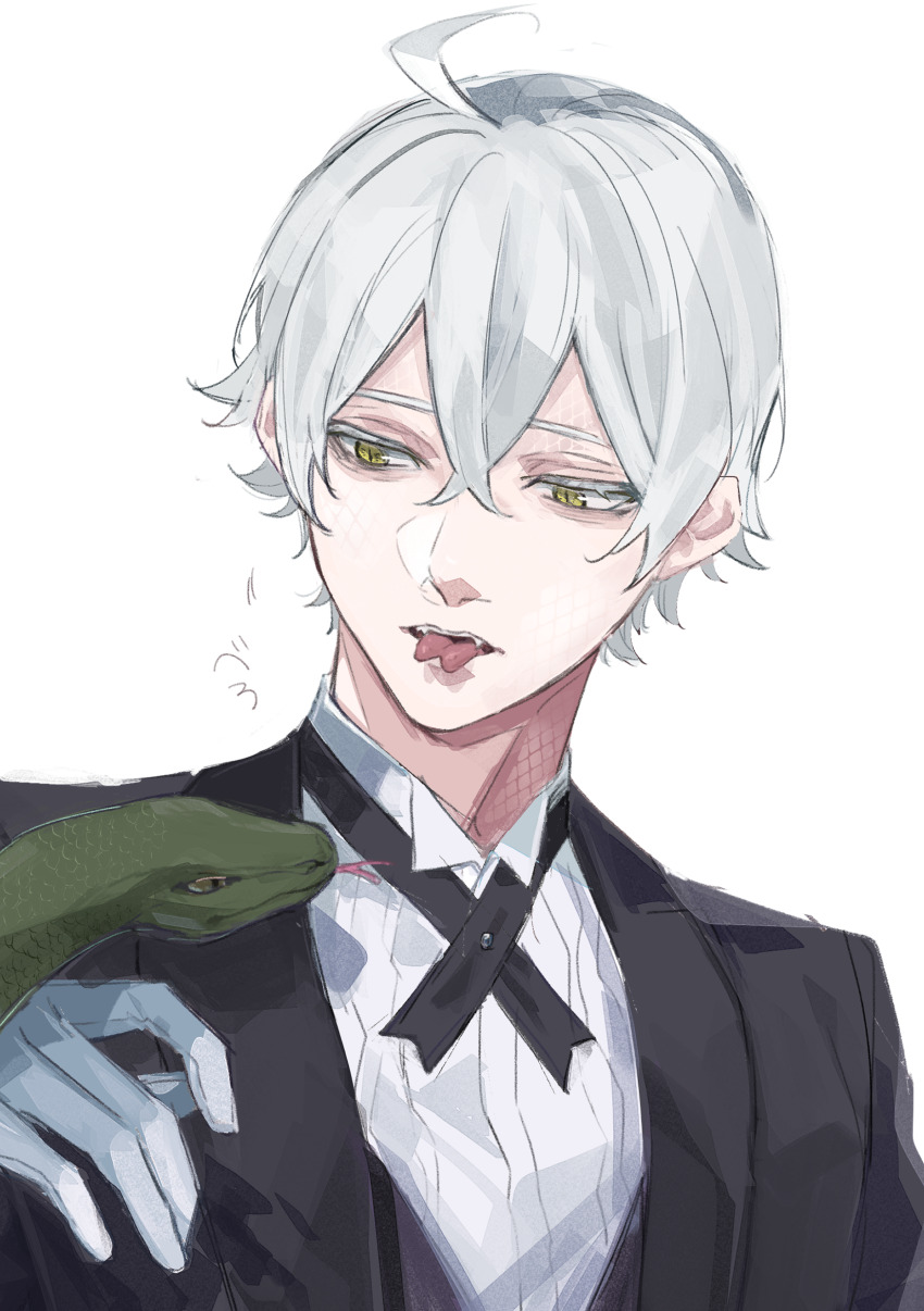 1boy, absurdres, ahoge, bishounen, black_jacket, black_vest, eyelashes, fangs