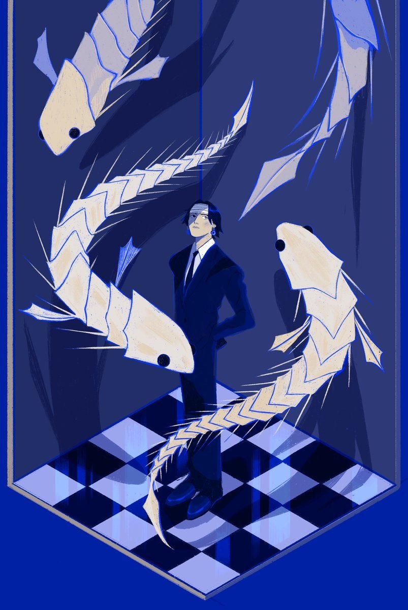 1boy, arms_behind_back, black_eyes, black_hair, black_necktie, blue_theme, checkered_floor, chrollo_lucilfer