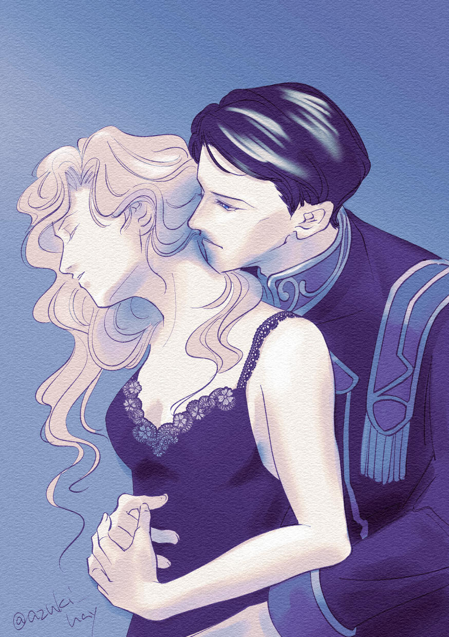 1boy, 1girl, azuki_hay, black_dress, blue_background, blue_eyes, breasts, closed_eyes, dress, elfriede_von_kohlrausch, ginga_eiyuu_densetsu, hetero, highres, long_hair, oskar_von_reuenthal, short_hair, simple_background, small_breasts, wavy_hair