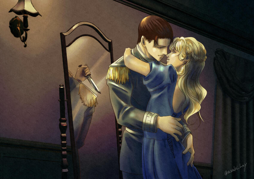 1boy, 1girl, azuki_hay, blonde_hair, blue_dress, braid, brown_hair, dress