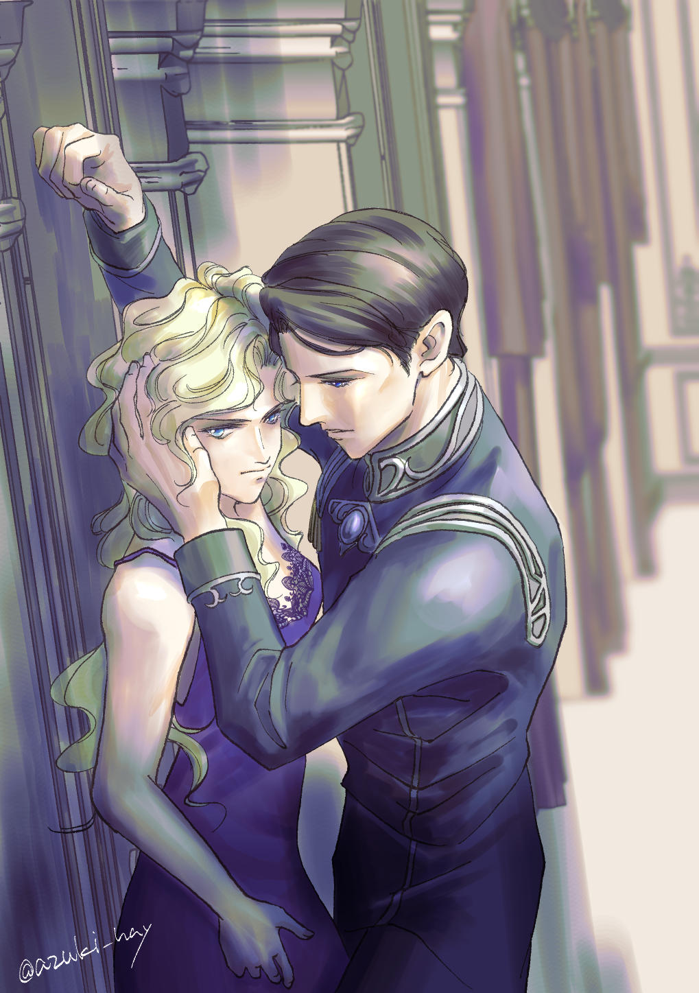 1boy, 1girl, artist_name, azuki_hay, black_hair, black_jacket, blue_eyes, dress, elfriede_von_kohlrausch, ginga_eiyuu_densetsu, hand_in_another's_hair, hetero, highres, indoors, jacket, long_hair, long_sleeves, looking_at_another, oskar_von_reuenthal, short_hair, twitter_username, wavy_hair