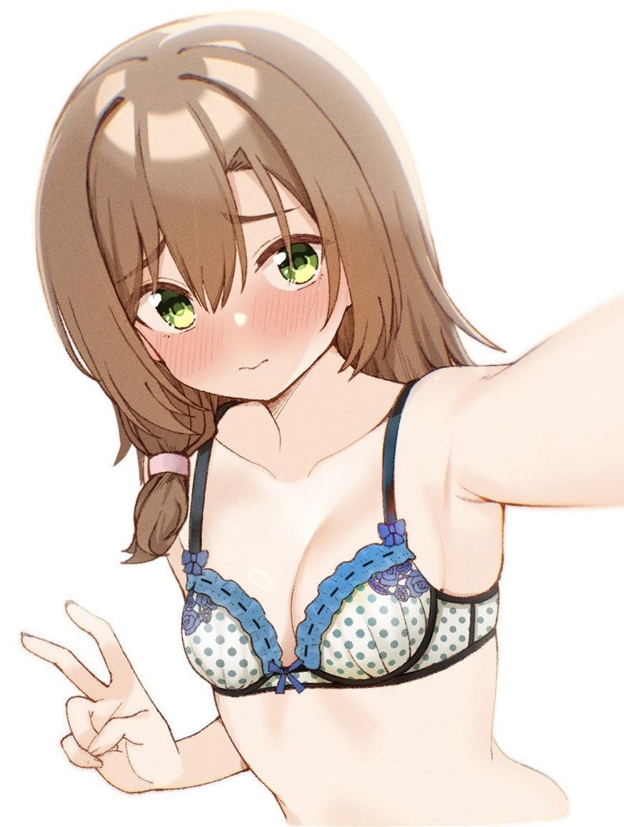 1girl, 3:, armpit_crease, blue_bow, blush, bow, bow_bra, bra