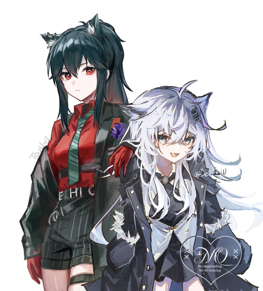 2girls, animal_ear_fluff, animal_ears, arknights, between_fingers, black_hair, black_jacket, black_shorts