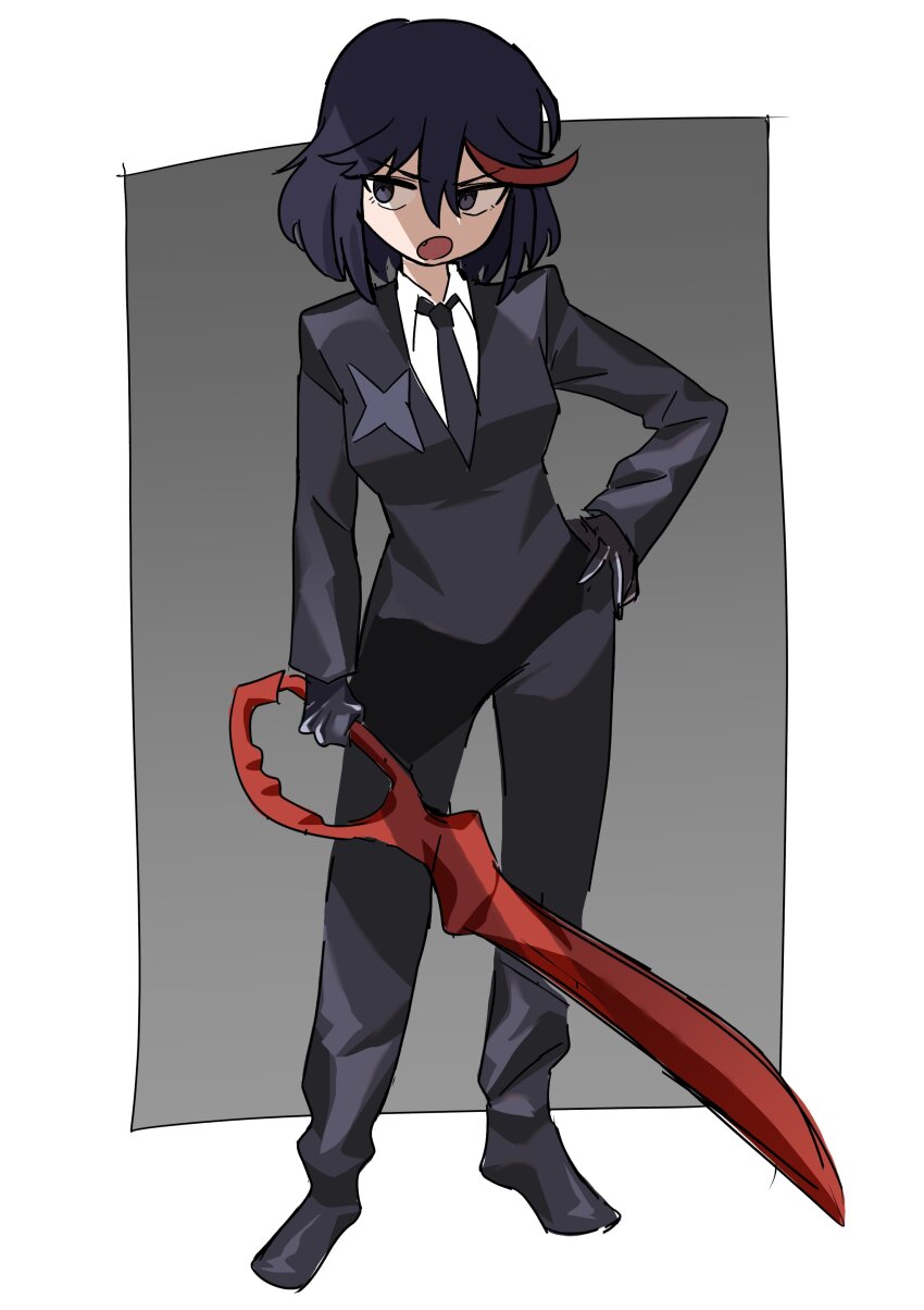 absurdres, adapted_costume, annoyed, black_hair, formal_clothes, gloves, highres, kamui_(kill_la_kill), kill_la_kill, living_clothes, matoi_ryuuko, multicolored_hair, necktie, scissor_blade_(kill_la_kill), senketsu, streaked_hair, suit, two-tone_hair, yuateheng