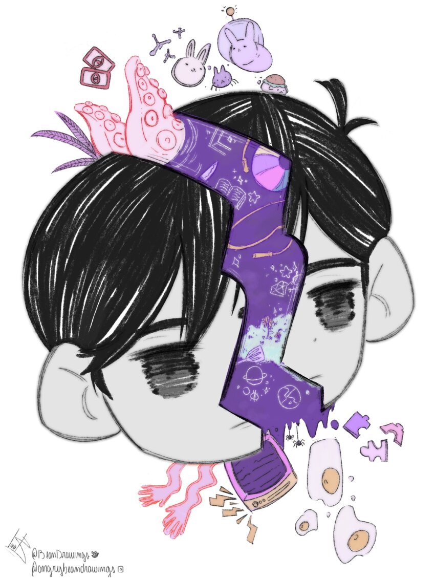 1boy, abbi_(omori), angrybean, antenna_hair, ball, beachball, black_eyes, black_hair