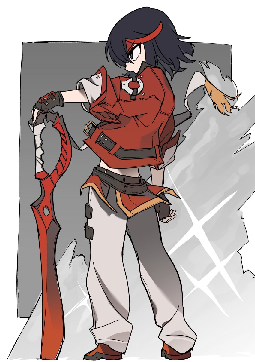 absurdres, adapted_weapon, alternate_costume, baggy_pants, belt, black_hair, fingerless_gloves, gloves