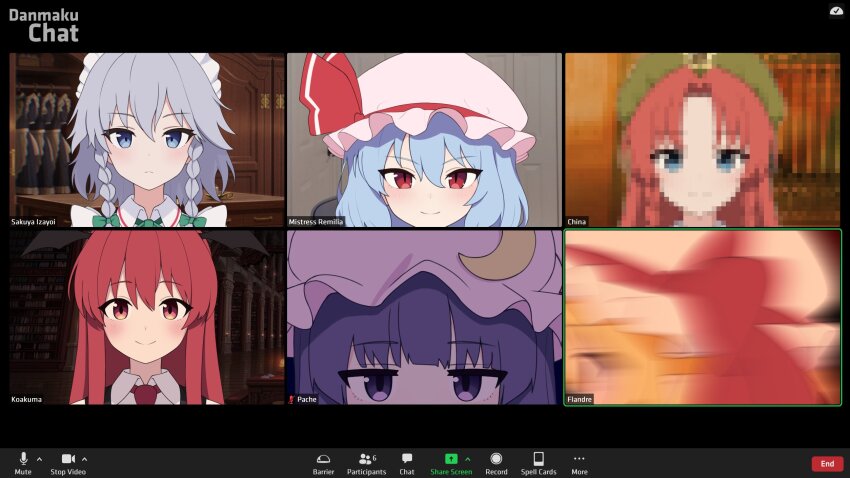 6+girls, blonde_hair, blue_eyes, blue_hair, bow, braid, braided_sidelock, braided_sidelocks, character_name, commentary, crescent, crescent_hat_ornament, english_commentary, english_text, fake_screenshot, flandre_scarlet, green_bow, grey_hair, hair_bow, hair_ribbon, hat, hat_ornament, highres, hong_meiling, indoors, izayoi_sakuya, koakuma, looking_at_viewer, maid_headdress, meme, mikoscrub, mob_cap, motion_blur, multiple_girls, necktie, patchouli_knowledge, pink_hat, pixelated, portrait, purple_eyes, purple_hair, red_eyes, red_hair, red_necktie, red_ribbon, remilia_scarlet, ribbon, sad_linus_(meme), scarlet_devil_mansion, sidelocks, smile, straight-on, touhou, video_call