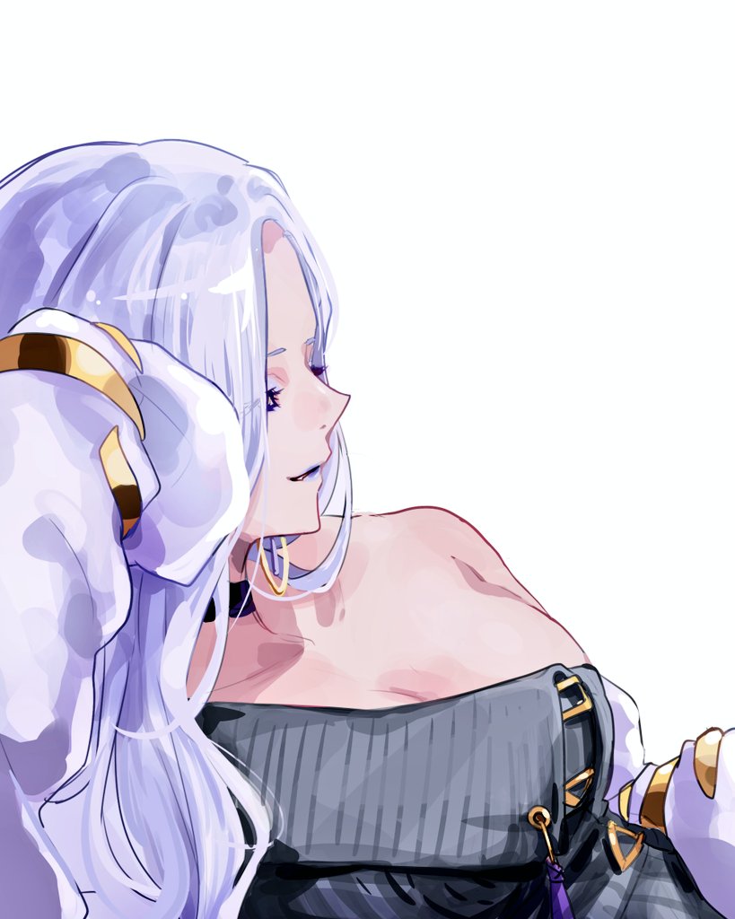 1girl, bare_shoulders, blue_lips, breasts, choker, cleavage, collarbone, dress, earrings, eyeliner, fate/grand_order, fate_(series), grey_dress, hair_over_one_eye, hoop_earrings, jacket, jewelry, kassia, large_breasts, long_hair, long_sleeves, makeup, off_shoulder, hebi_nyoubou_(fate), smile, solo, sweater, sweater_dress, tassel, white_hair, white_jacket, yellow_eyes