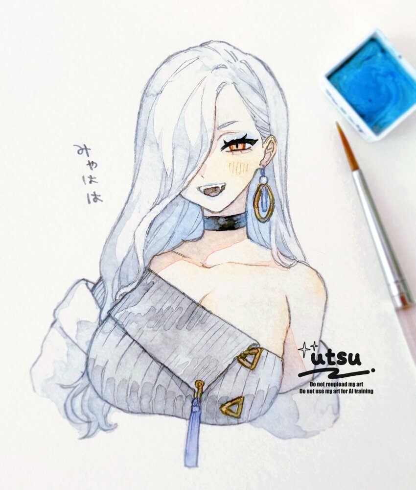 1girl, bare_shoulders, blue_lips, breasts, choker, cleavage, collarbone, dress, earrings, eyeliner, fangs, fate/grand_order, fate_(series), grey_dress, hair_over_one_eye, highres, hoop_earrings, jacket, jewelry, large_breasts, long_hair, long_sleeves, looking_at_viewer, makeup, off_shoulder, hebi_nyoubou_(fate), open_mouth, painting_(medium), smile, solo, sweater, sweater_dress, tassel, traditional_media, translation_request, utsu_(utu_xx), watercolor_(medium), white_hair, white_jacket, yellow_eyes