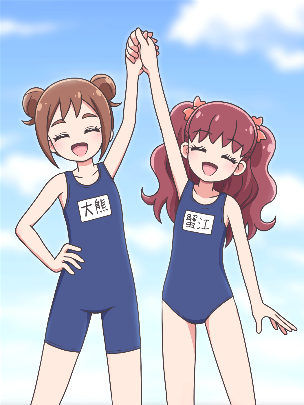 2girls, ^_^, arm_up, bare_arms, blue_one-piece_swimsuit, blue_sky, blush, bow