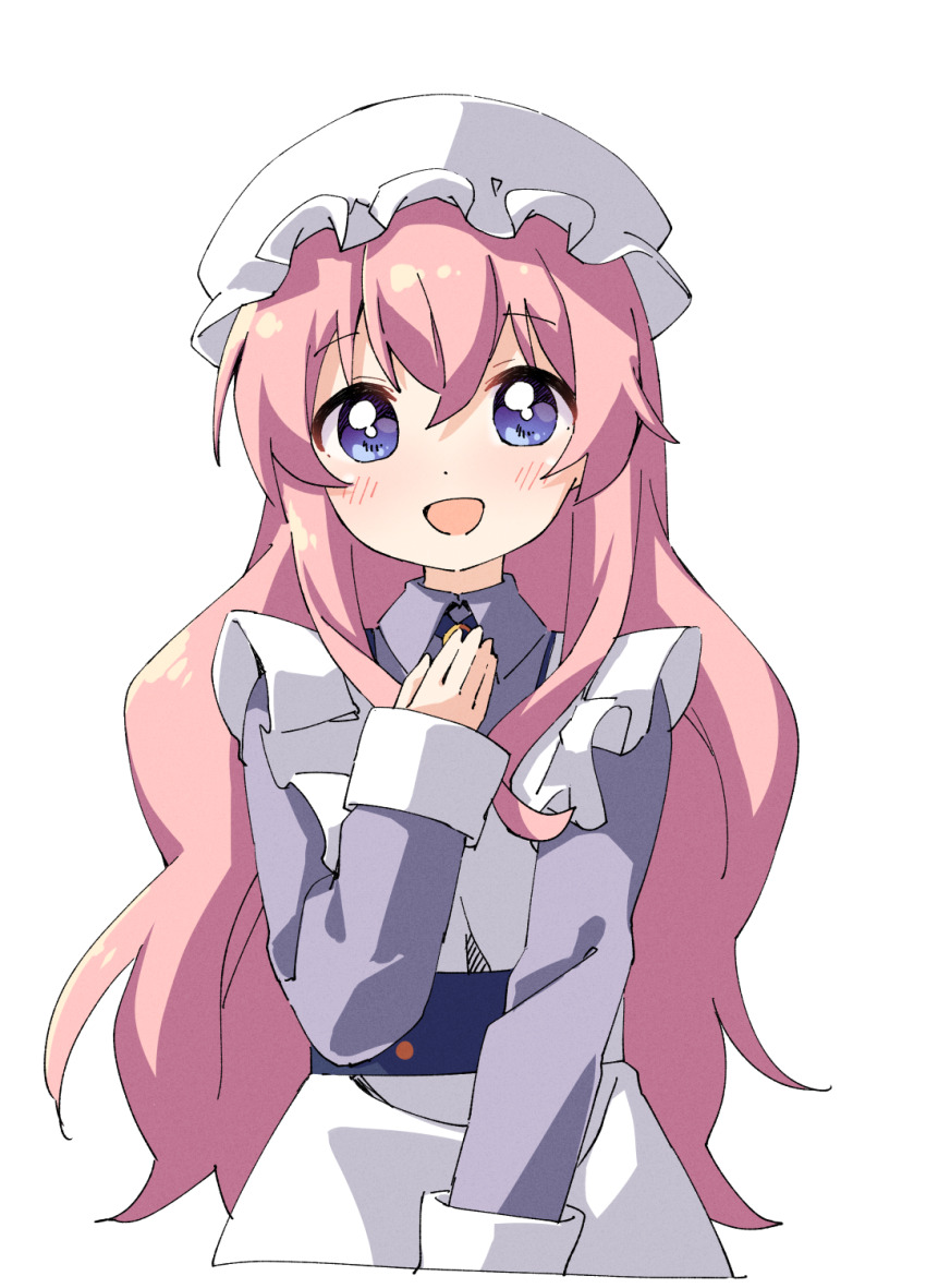 1girl, :d, apron, blush, charlotte_soller, collared_dress, commentary_request, cropped_torso