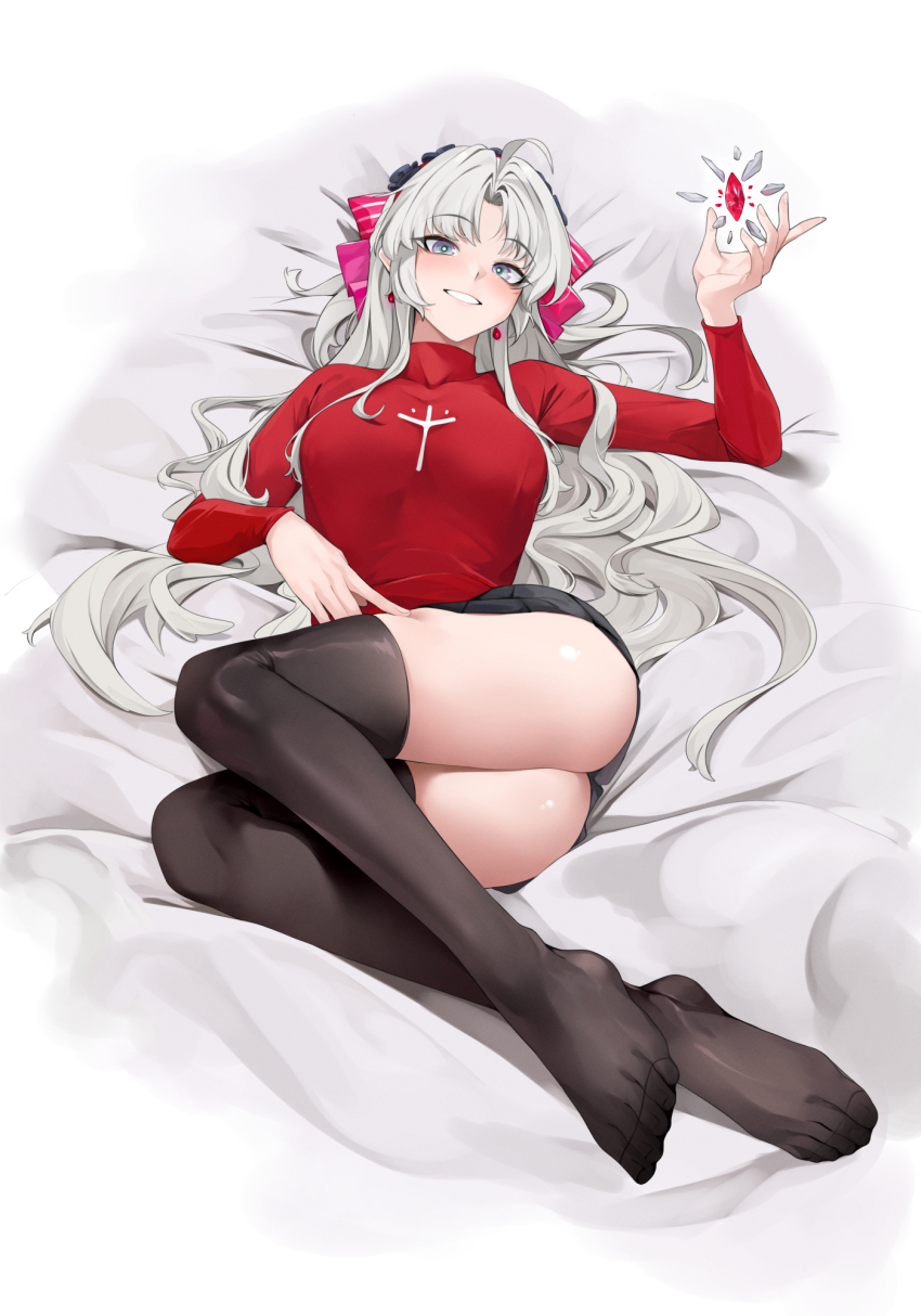 1girl, ahoge, alternate_costume, black_thighhighs, bow, carlotta_(wuthering_waves), cosplay, earrings