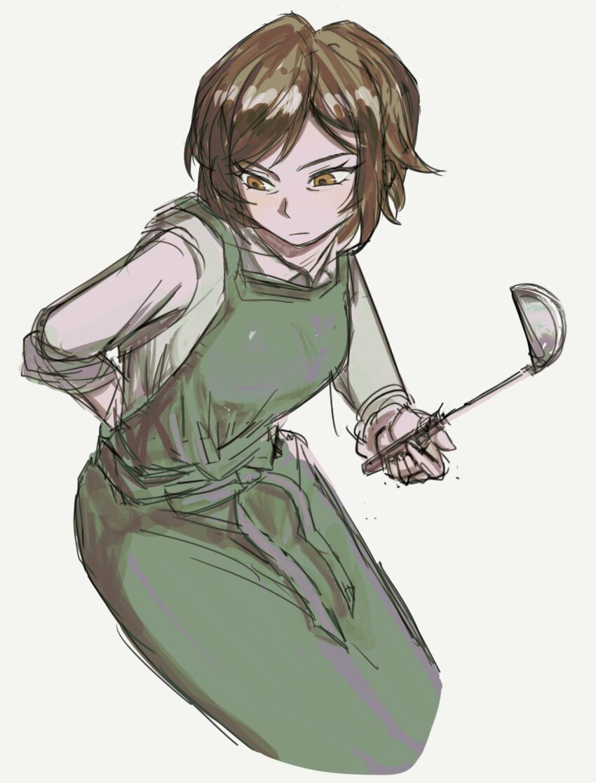 1girl, alternate_skin_color, apron, brown_eyes, brown_hair, closed_mouth, collared_shirt, cowboy_shot