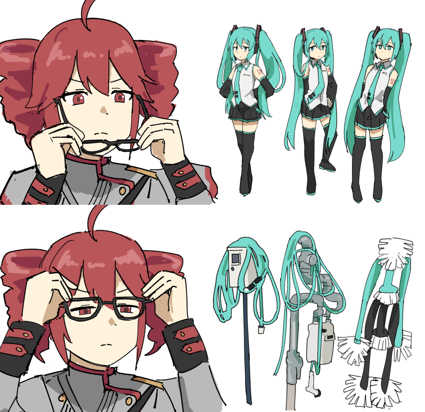 2girls, adjusting_eyewear, aqua_eyes, aqua_hair, aqua_necktie, black-framed_eyewear, black_boots, black_skirt, boots, buttons, double-breasted, drill_hair, full_body, hatsune_miku, highres, hose, kasane_teto, light_frown, meme, multiple_girls, necktie, peter_parker's_glasses_(meme), photo-referenced, red_eyes, red_hair, skirt, tenten_(chan4545), thigh_boots, twin_drills, upper_body, utau, v-shaped_eyebrows, vocaloid