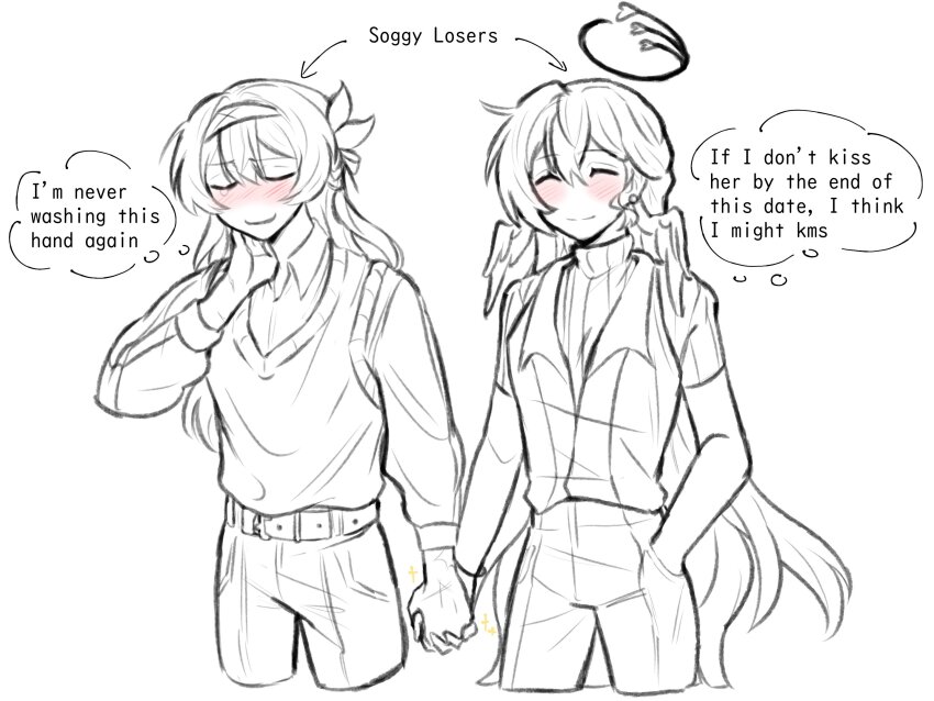 2girls, akai_(atcually), belt, blush, bracelet, closed_eyes, closed_mouth, collared_shirt