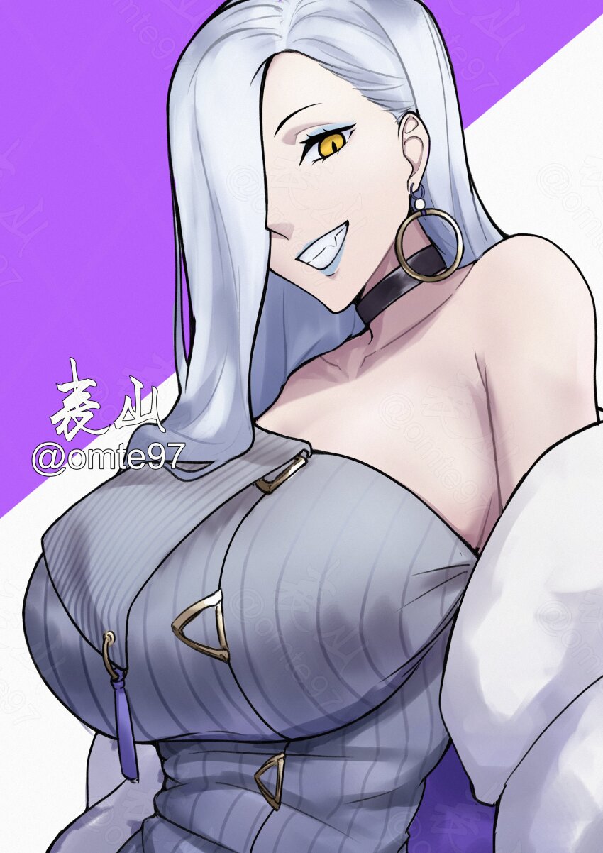 1girl, absurdres, bare_shoulders, blue_lips, breasts, choker, collarbone, dress, earrings, eyeliner, fate/grand_order, fate_(series), grey_dress, grin, hair_over_one_eye, highres, hoop_earrings, jacket, jewelry, large_breasts, long_hair, long_sleeves, looking_at_viewer, makeup, off_shoulder, hebi_nyoubou_(fate), omte97, smile, solo, sweater, sweater_dress, tassel, white_hair, white_jacket, yellow_eyes