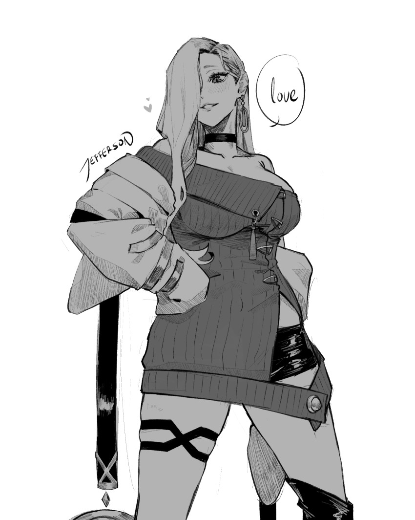 1girl, clothing_cutout, dress, earrings, english_text, eyeliner, fate/grand_order, fate_(series)