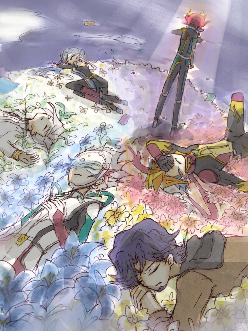 1girl, 4boys, alternate_form, assault_visor, black_bodysuit, black_footwear, black_hoodie, black_pants