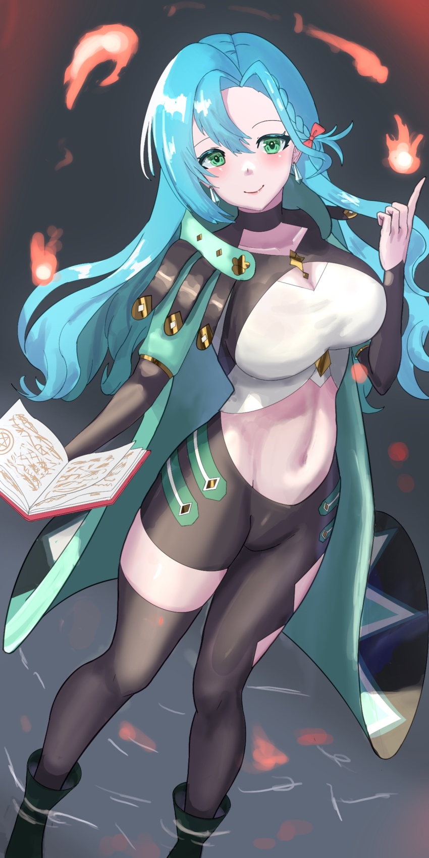 1girl, absurdres, asymmetrical_bangs, black_background, blue_hair, book, braid, breasts