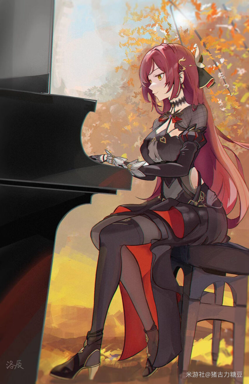 1girl, black_dress, black_footwear, black_pantyhose, breasts, brown_hair, chair, chinese_commentary, commentary_request, dress, eden_(honkai_impact), from_side, grand_piano, highres, honkai_(series), honkai_impact_3rd, instrument, large_breasts, long_hair, luo_chen_(user_frxw8842), music, on_chair, outdoors, pantyhose, piano, playing_instrument, playing_piano, sitting, solo, yellow_eyes
