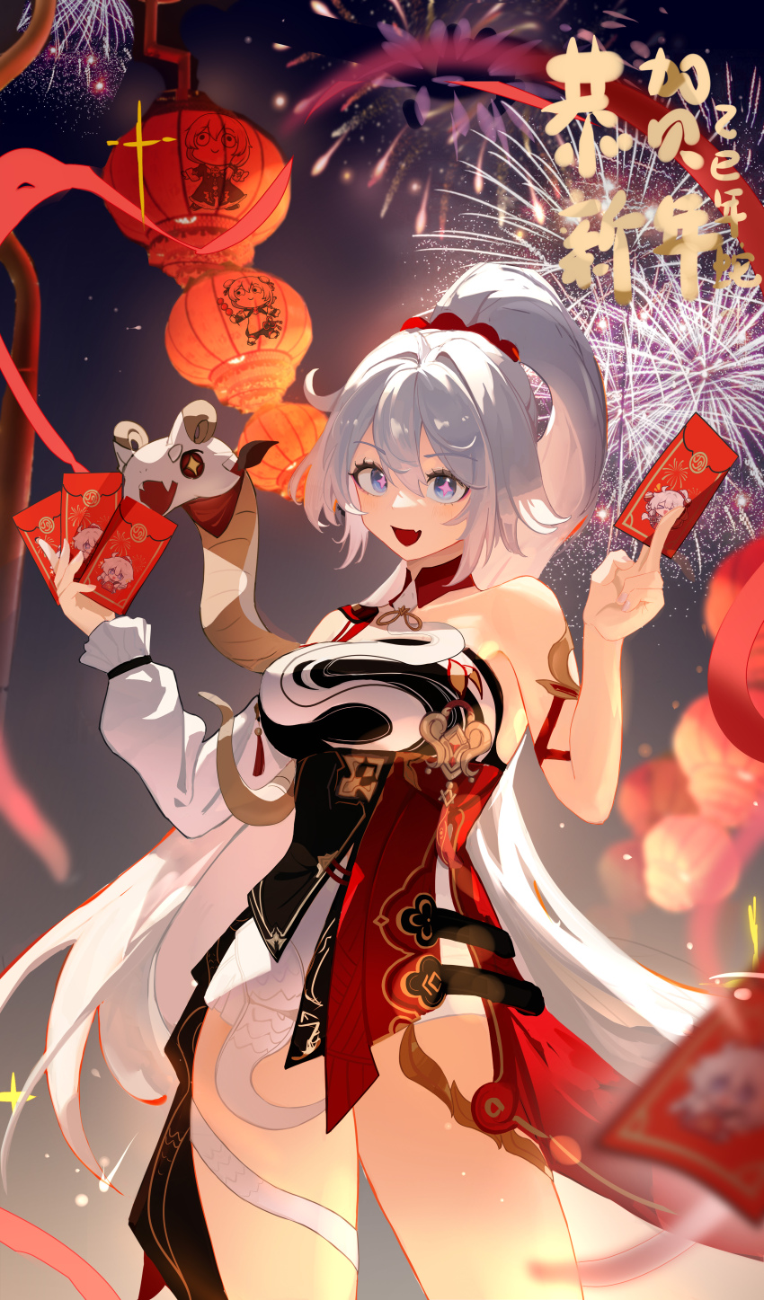 1girl, absurdres, aerial_fireworks, bare_shoulders, chinese_clothes, chinese_commentary, commentary_request, cowboy_shot, envelope, fireworks, high_ponytail, highres, holding, holding_envelope, hongbao, honkai_(series), honkai_impact_3rd, kiana_kaslana, kiana_kaslana_(ba-dum!_fiery_wishing_star), lantern, long_hair, luo_chen_(user_frxw8842), open_mouth, paper_lantern, ponytail, snake_print, star-shaped_pupils, star_(symbol), symbol-shaped_pupils, thighs, white_hair