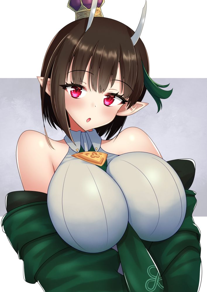 1girl, bare_shoulders, biscione_(fate), biscione_(second_ascension)_(fate), black_hair, blush, breasts, collared_dress, crown, degudoga, dragon_girl, dragon_tail, dress, fate/grand_order, fate_(series), green_jacket, horns, jacket, large_breasts, long_sleeves, looking_at_viewer, mini_crown, multicolored_hair, necktie, off_shoulder, open_clothes, pointy_ears, red_eyes, short_hair, streaked_hair, tail, white_dress