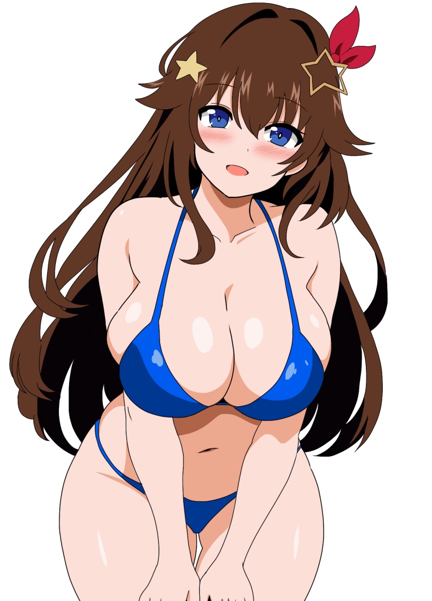 1girl, bikini, blue_bikini, blue_eyes, breasts, brown_hair, cleavage, hair_flaps