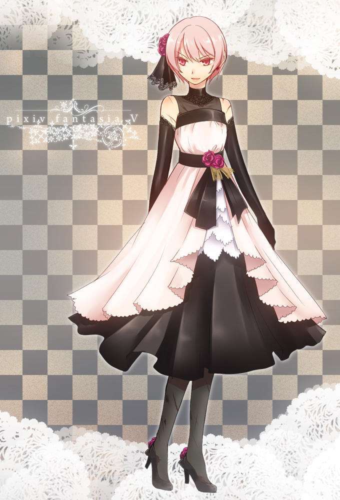 1girl, black_gloves, black_pantyhose, dress, elbow_gloves, female_focus, flower, gloves, hair_flower, hair_ornament, high_heels, pantyhose, pink_hair, pixiv_fantasia, pixiv_fantasia_5, red_eyes, shoes, solo, yu_tou_ebi