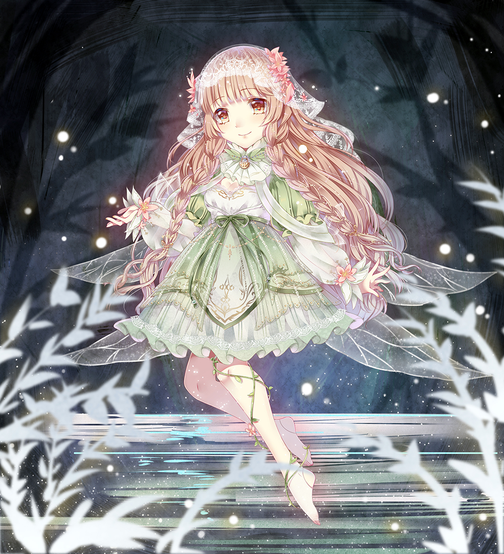 1girl, ascot, barefoot, blunt_bangs, braid, breasts, brown_eyes, brown_hair