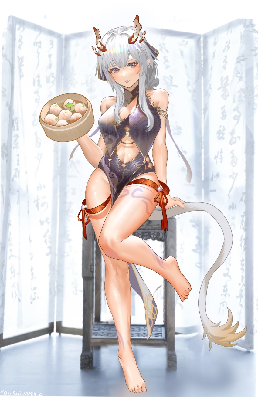 1girl, absurdres, bamboo_steamer, bare_arms, bare_hips, bare_legs, bare_shoulders, barefoot