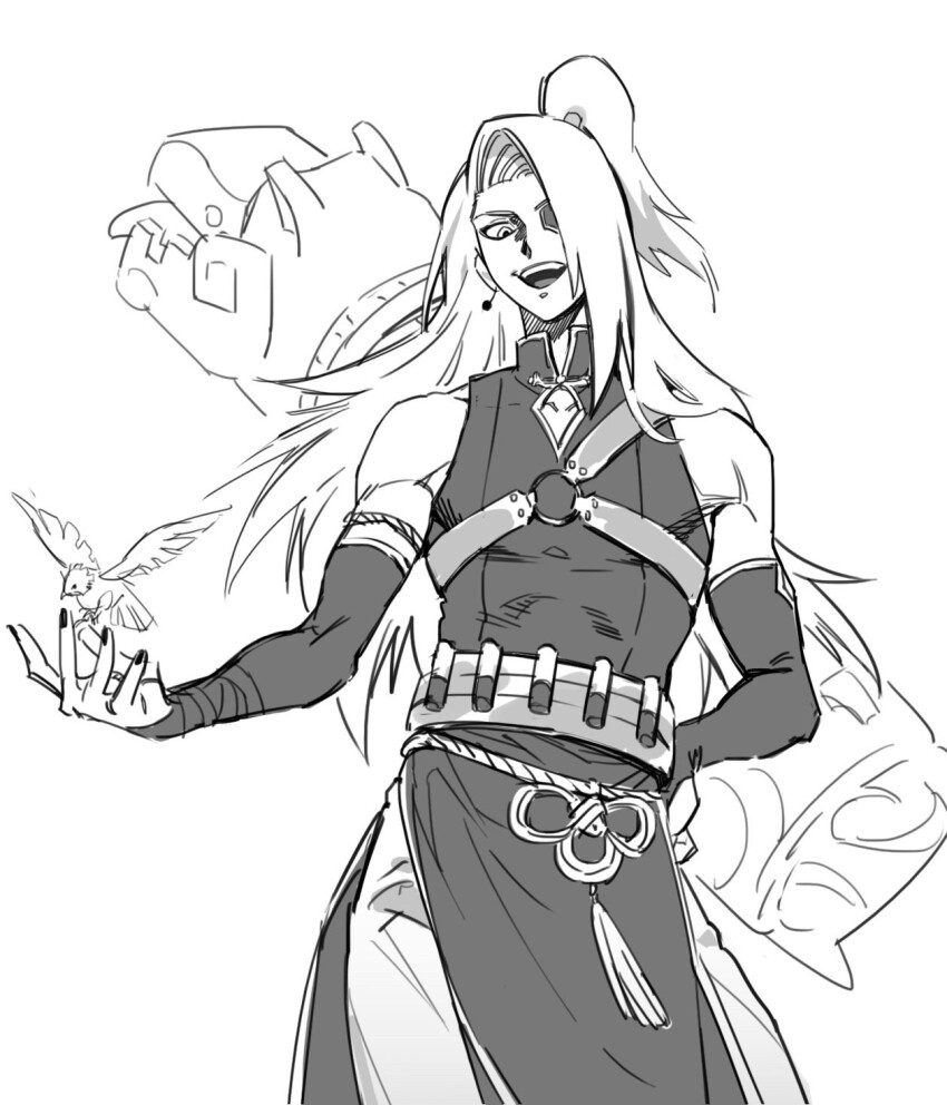 1boy, armband, belt, black_nails, blonde_hair, bullet, chest_harness, chinese_clothes