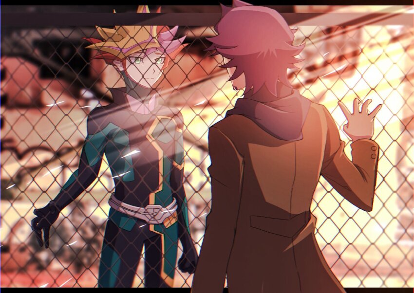 2boys, alternate_form, atltax_00, belt, black_bodysuit, black_gloves, bodysuit, brown_jacket, building, chain-link_fence, clenched_hand, colored_bangs, dappled_sunlight, evening, facial_hair, facing_another, facing_away, facing_to_the_side, fence, fujiki_yusaku, gloves, goatee, green_bodysuit, green_eyes, grey_belt, grey_hoodie, hand_up, hood, hoodie, industrial, industrial_pipe, jacket, kusanagi_shouichi, leaning_on_object, light_particles, light_rays, looking_at_another, male_focus, multiple_boys, open_clothes, open_jacket, peacoat, playmaker_(yu-gi-oh!), purple_hair, red_hair, smile, spiked_hair, sunlight, virtual_reality, wind, yellow_trim, yu-gi-oh!, yu-gi-oh!_vrains