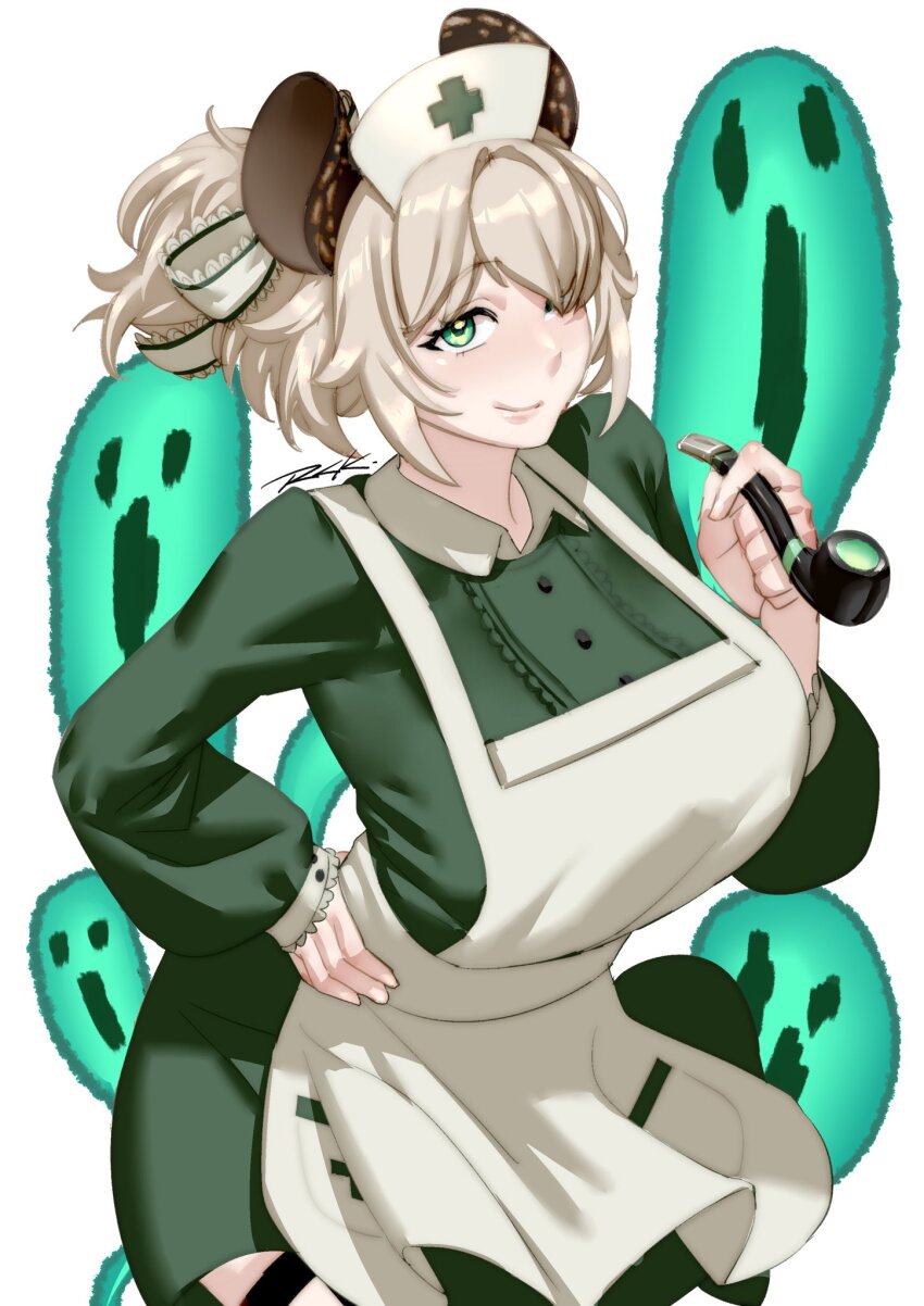 1girl, animal_ears, apron, blush, breasts, brown_hair, closed_mouth, collared_dress