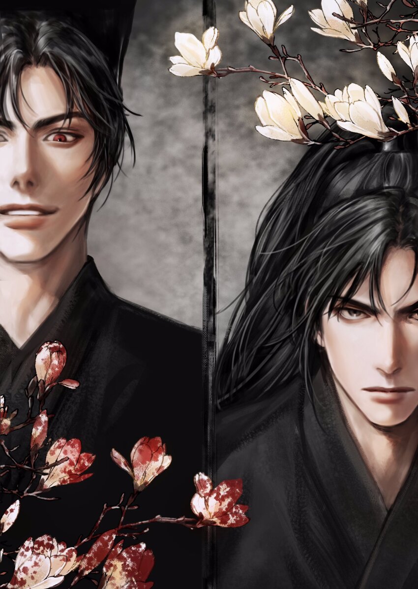 2boys, black_eyes, black_hair, black_hanfu, blood, blood_on_flower, chinese_clothes, closed_mouth