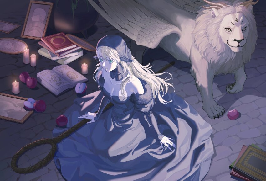 1girl, apple, bare_shoulders, black_dress, blonde_hair, book, candle, cobblestone