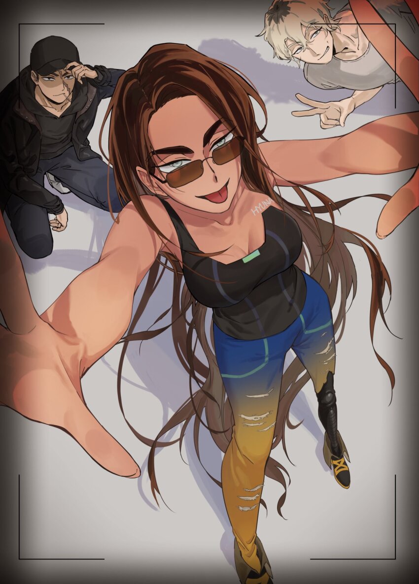 1girl, 2boys, adjusting_clothes, adjusting_headwear, alien_stage, arms_up, baseball_cap, black_hat