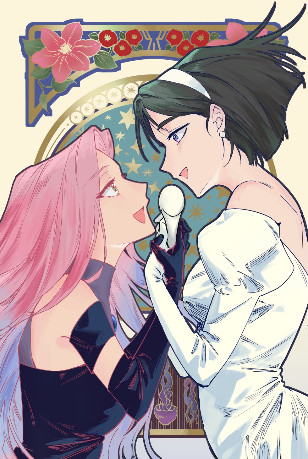 2girls, alien_stage, black_dress, black_gloves, black_hair, commentary_request, detached_sleeves, dress