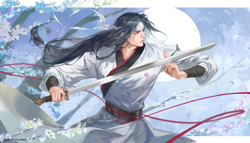 1boy, absurdres, baekcheon_(return_of_the_mount_hua_sect), black_hair, blue_flower, branch, chinese_clothes, circle