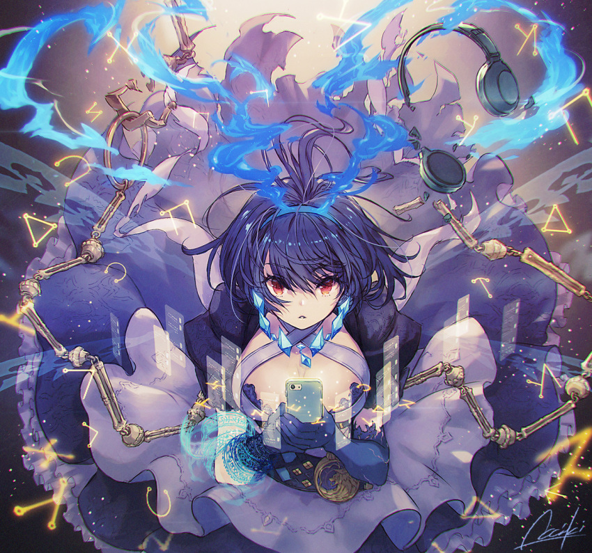 1girl, alice_(sinoalice), apron, belt, black_hair, breasts, broken, broken_chain