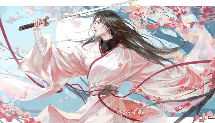 1girl, absurdres, bandaged_arm, bandages, black_eyes, black_hair, black_shirt, branch, chinese_clothes, circle, closed_mouth, cowboy_shot, flower, hana_(han_a01), hanfu, highres, holding, holding_sword, holding_weapon, jian_(weapon), letterboxed, long_hair, long_sleeves, looking_ahead, pants, pink_flower, plum_blossoms, red_ribbon, return_of_the_mount_hua_sect, ribbon, sash, shirt, solo, sword, weapon, white_hanfu, white_pants, wide_sleeves, wuxia, yu_iseol_(return_of_the_mount_hua_sect)