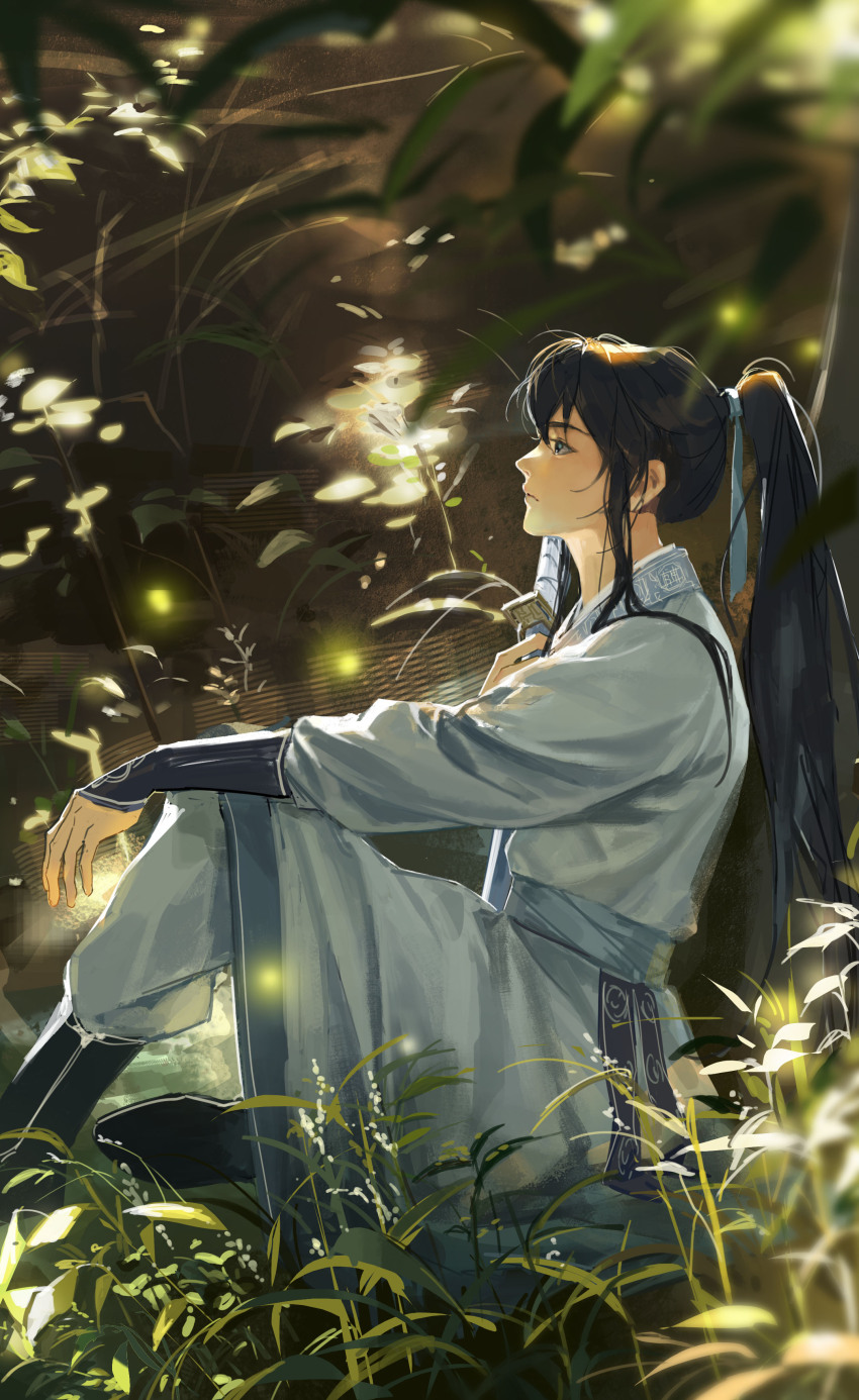 1boy, absurdres, against_tree, arm_on_knee, black_boots, black_hair, blue_eyes, blue_ribbon