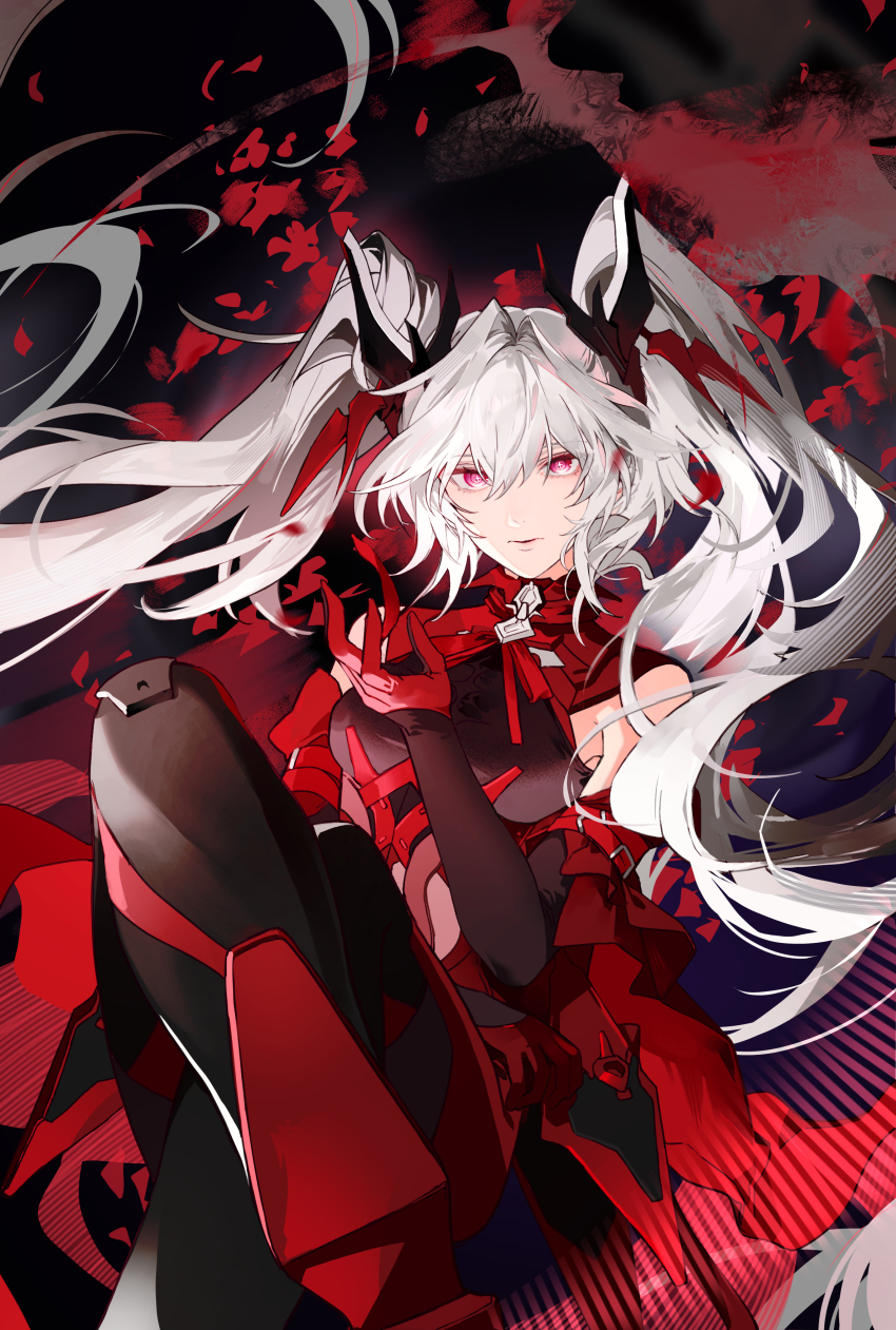 1girl, absurdres, black_bodysuit, black_gloves, bodysuit, cino_(cappuccino), cross-shaped_pupils, detached_sleeves