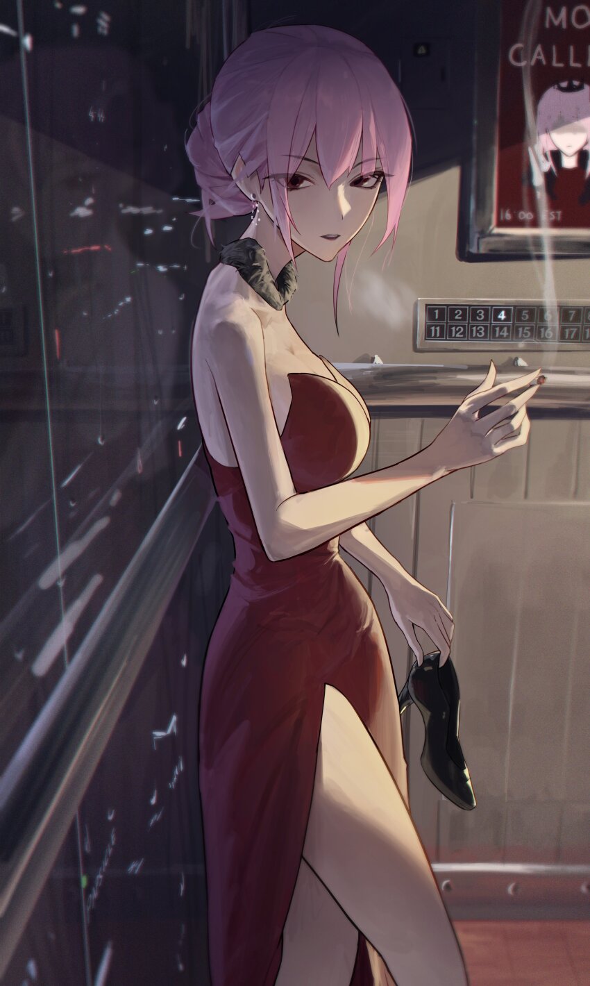 1girl, absurdres, bare_arms, bare_legs, bare_shoulders, black_shoes, blowing_smoke, breasts