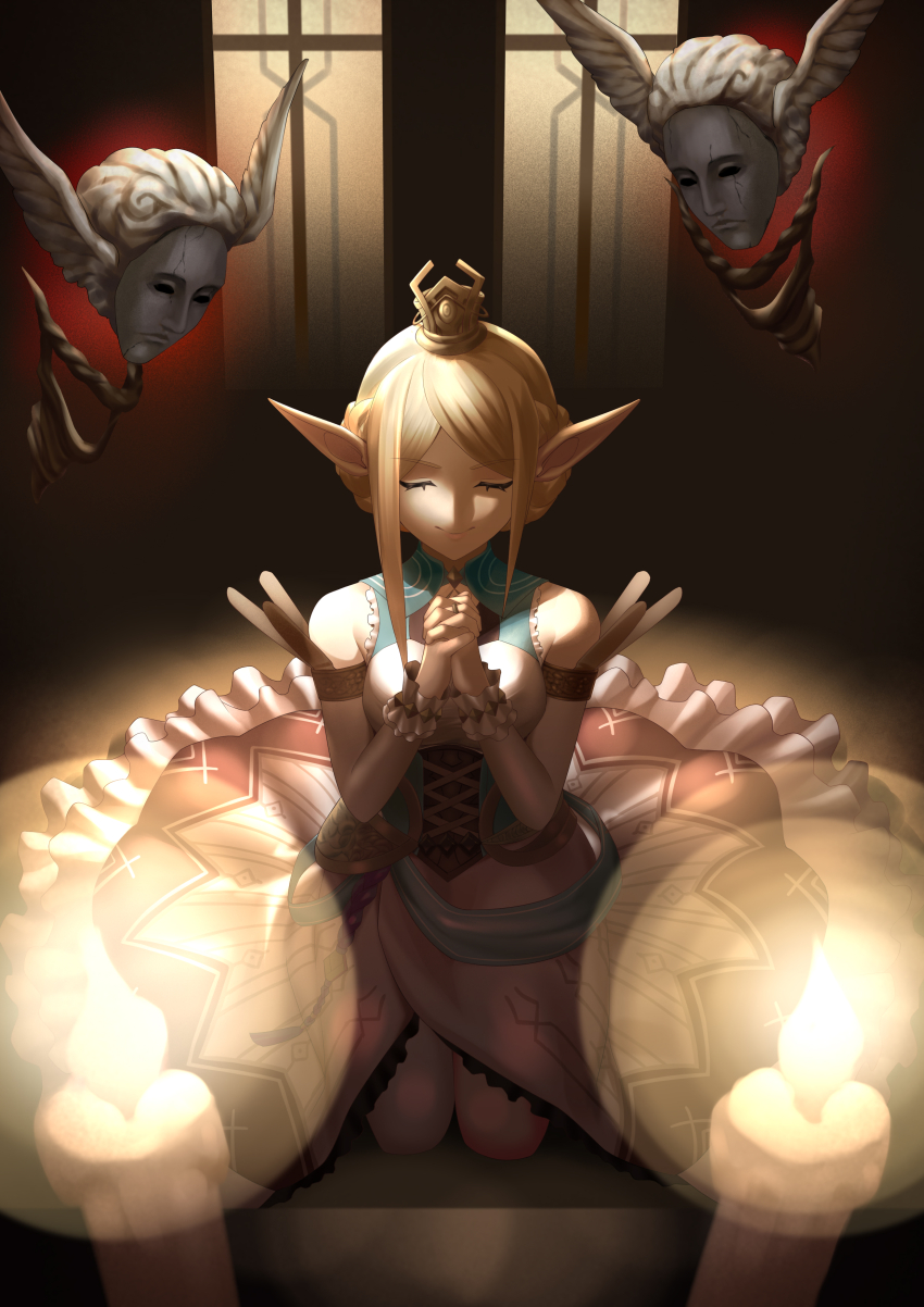 absurdres, alice_(wizardry), bare_shoulders, blonde_hair, braid, candle, candlelight, closed_eyes