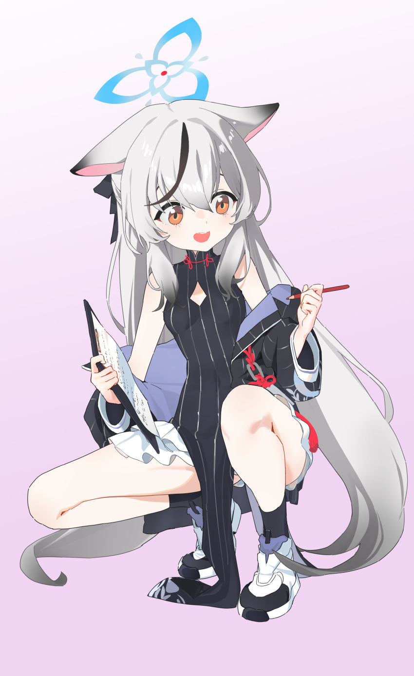 1girl, absurdres, animal_ears, black_dress, black_socks, blue_archive, brown_eyes, china_dress