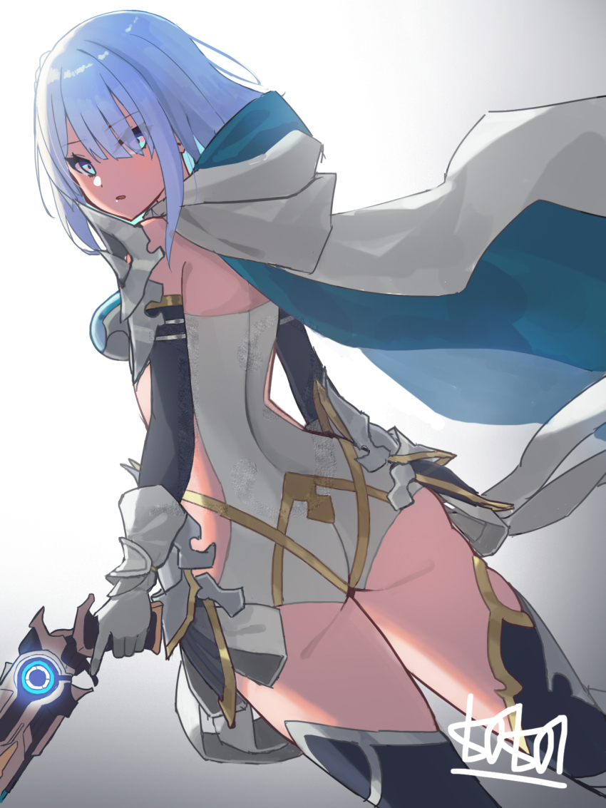 1girl, armor, ass, blue_cape, blue_eyes, blue_hair, bodysuit, boots